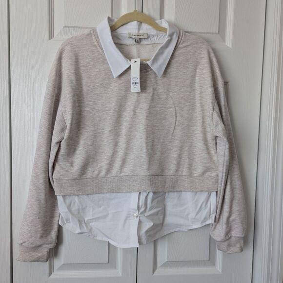 NWT Francesca’s Meghan Two-Fer Sweatshirt Top | Women’s Medium Taupe/White - Picture 2 of 4